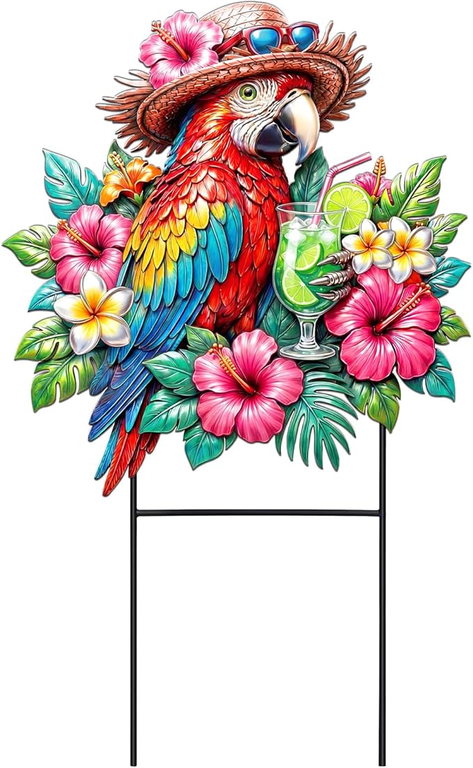Amyhill Summer Outdoor Decor Tropical Parrot Metal Garden Stakes 25 Inch Jungle Leaves Floral Welcome Yard Signs Decorations Decorative Garden Stakes for Patio Lawn Walkway Backyard Porch Decorations