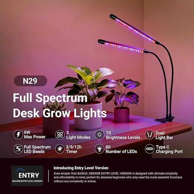 NEEWER Entry Level Version Dual Bar Grow Lights for Indoor Plants, Full Spectrum Clip Plant Growing Lamp with 80 Blue, Red, White LEDs, 3/9/12H Timer, Dimmable for Gardening Seed Starting Bonsai, N29