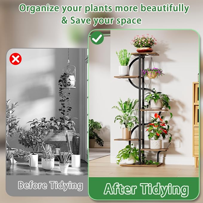 REFGY 6-Tier Tall Plant Stand with Hanging Hook, Multi-Tiered Vertical Flower Pot Holder for Indoor Outdoor, Heavy Duty Metal Plant Shelf for Corner, Living Room, Balcony, Patio, Rustic Brown
