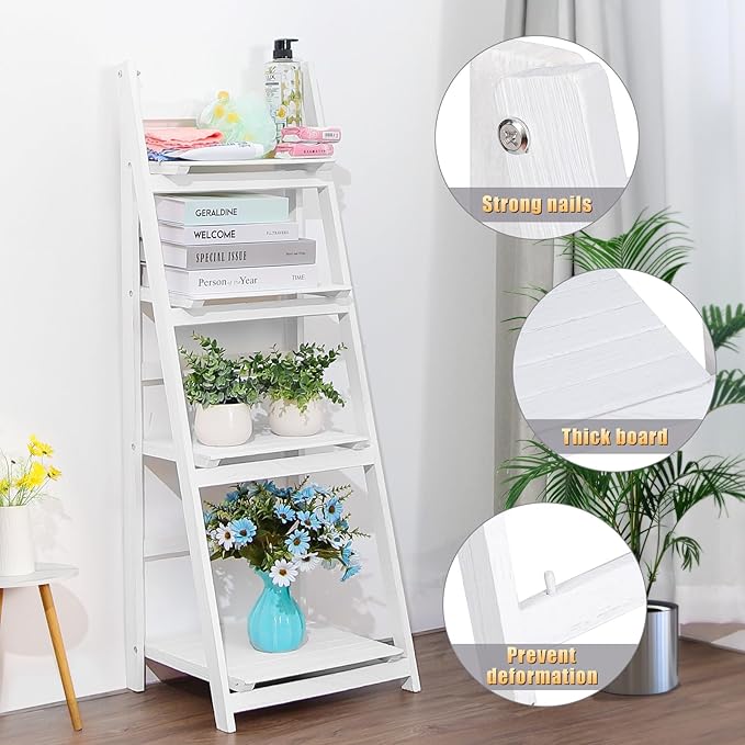 Funkeen Foldable Ladder Shelf Wood Multi Tier Plant Stand Tall Flower Pot Display Outdoor Plant Ladder Plant Holders Indoor Stand Corner Storage Bookshelf for Home Office Balcony Patio Garden White