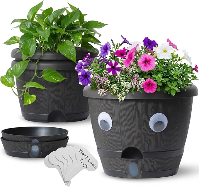 Sun-E 10 Inch Self Watering Planters 3-Pack - Rustic Whiskey Barrel Flower Pots with Water Level Indicator & Drainage, Farmhouse Decor for Indoor Outdoor Plants (Dark Brown Wood Grain)