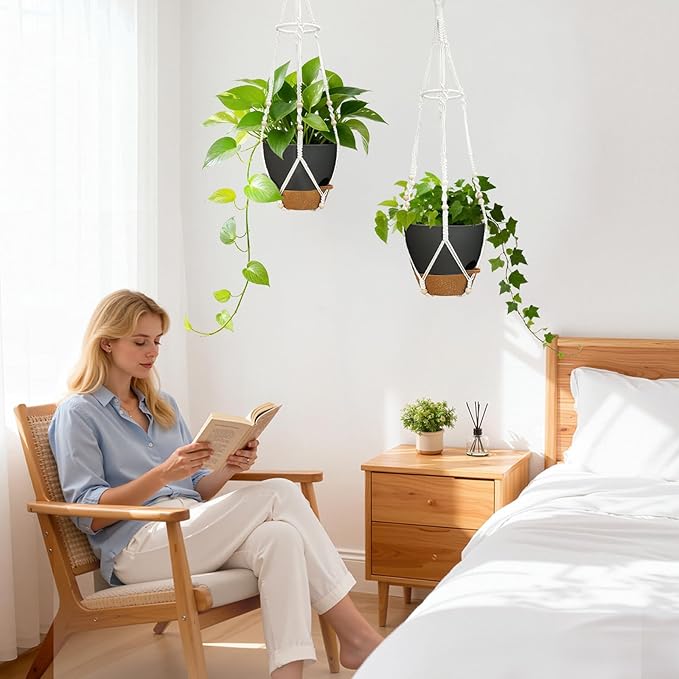 Hanging Planters for Indoor Plants: 2 Pack Macrame Plant Hangers with Grow Lights and Self-Watering Pots, Large Hanging Pots with Drainage Holes & Removable Tray（10in Black Pot, Daylight Spectrum）