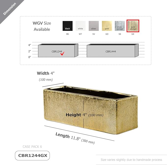 WGVI Long Rectangle Ceramic Planter Vase in Gold Etched 12" x 4" x 4"H, Block Rectangular Terrarium Box Pot, Flower Arrangement, Table top Centerpiece, Home Decor Storage Container, 1 Pc.