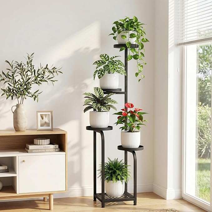 TOSKING 5 Tier Tall Plant Stand Indoor Outdoor,Anti-Tip Plant Stand indoor, Wide Base for Pots, Child and Pet Friendly,Heavy Duty Corner Shelf for Plants & Decor, Space Saving ,Tiered Metal Flower Pot Stand for Balcony, Garden, Living Room, Patio (Blac...