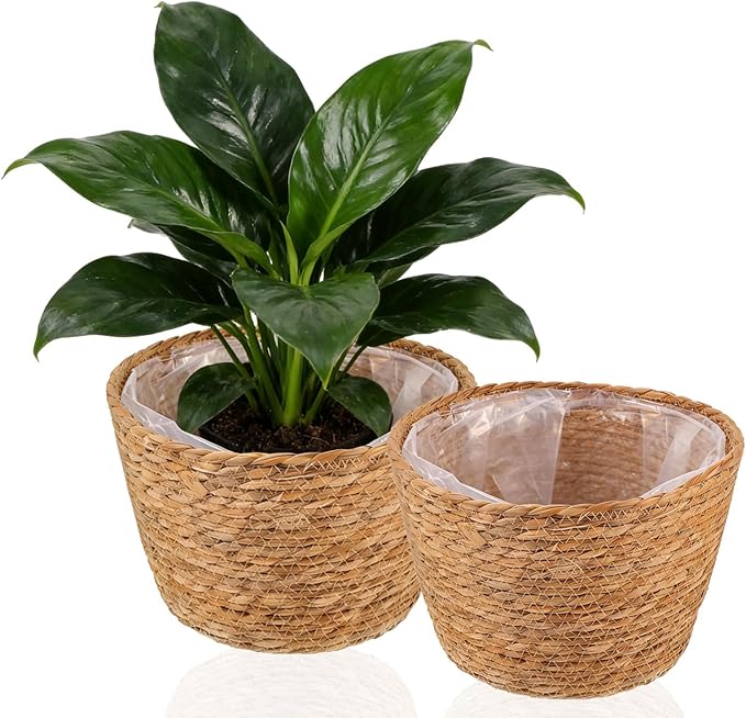 2PCS Seagrass Plant Basket for Indoor and Outdoor,Wicker Large Planter Basket for 6 inch Pot,Rattan Plant Pot Covers for Potted Plants,Woven Storage Baskets for Rustic Boho Farmhouse Decor