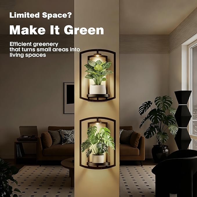 Aisdan Wall Plant Holder, Wall Planters for Indoor Plants with Wireless Remote Lights, Frame Plant Wall Shelves Wall Mounted Plant Holder for Living Room, 2 Pack