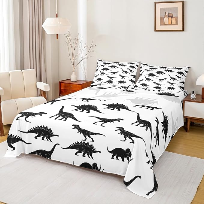 Feelyou Boys Bed Sheet Set Twin Size Kids Dinosaur Sheets Soft and Cozy Jungle Animal Pattern Bedding Set for Children Girls Toddler Bedroom White Black Wild Dino Bed Set,Sheets Set