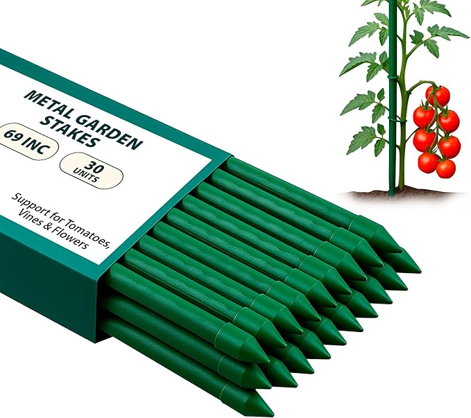 Garden Stakes 69 Inch Pack of 30, Extra Tall Plastic Coated Metal Plant Stakes, Tomato Stakes, Plant Support Sticks for Climbing Plants