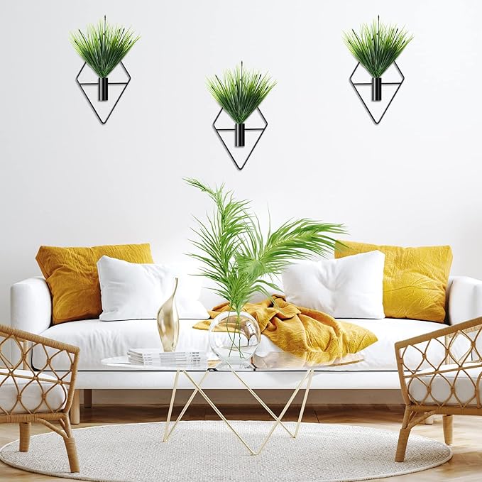 Jexine 4 Pcs Plant Wall Decor Diamond Shape Hanging Planters with Artificial Plants Geometric Wall Decor Metal Hanging Vase Indoor Holder for Living Room Bathroom Home(Aquatic Grass)