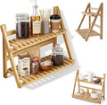 Wooden Matcha Station Shelf, 2 Tier Natural Finish Bamboo Countertop Organizer,15.7'' Coffee Station Organizer, Desktop Flower Pot Rack for Home Living Room Window Sill Foldable Display Storage Shelf