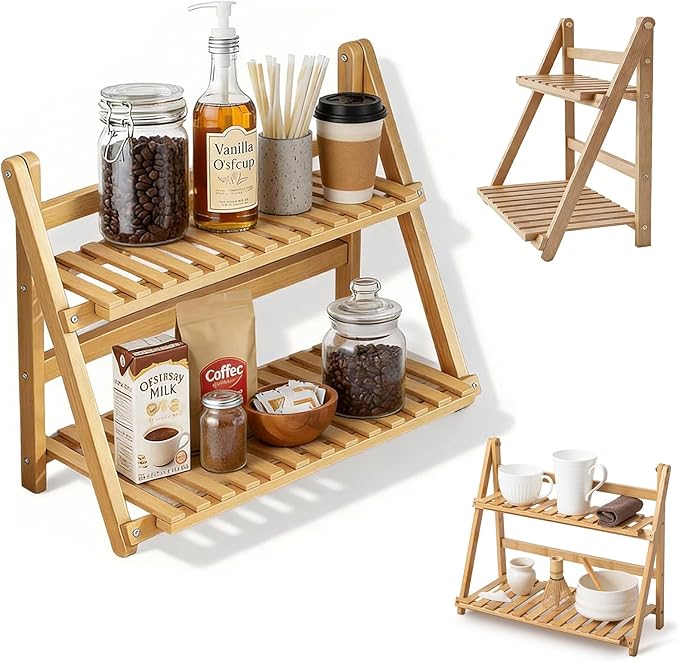 Wooden Matcha Station Shelf, 2 Tier Natural Finish Bamboo Countertop Organizer,15.7'' Coffee Station Organizer, Desktop Flower Pot Rack for Home Living Room Window Sill Foldable Display Storage Shelf