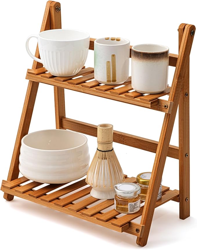 Yalikop Matcha Station Shelf, 11.8'' Coffee Station Organizer, 2 Tiers Bamboo Mug Holder Countertop, Desktop Flower Pot Rack for Home Living Room Window Sill Foldable Display Storage Shelf(Brown)