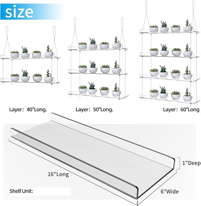 4-Tier Floating Acrylic Plant Shelf – Each Tier 16 Inch Long, Height Adjustable for Indoor Garden, Ideal for Herbs & Flowers in Sunlit Spaces