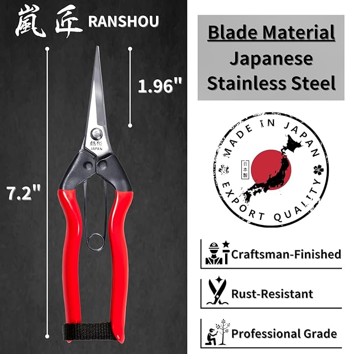 Japanese Garden Shears 7.2" for Plants - Trimming Scissors Precision Pruning Shears with Pointed Tips - Sharp Japanese Stainless Steel Blade & Spring Loaded Handle - Made in Japan