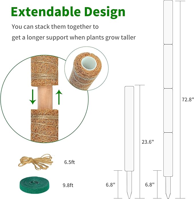 ALENEY Moss Pole, 4 Pack 23.6inch Stackable Moss Poles for Plants Monstera Plant Support, Coir Totem Pole Tall Moss Pole for Climbing Plant, Sphagnum, Indoor Potted Plants - Can Stacked Up to 72.8’’