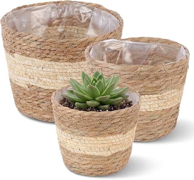 3PCS Woven Planter Rustic Seagrass Baskets with Liners for Indoor Plants Natural Rattan Plant Basket (3 Size) Set 2