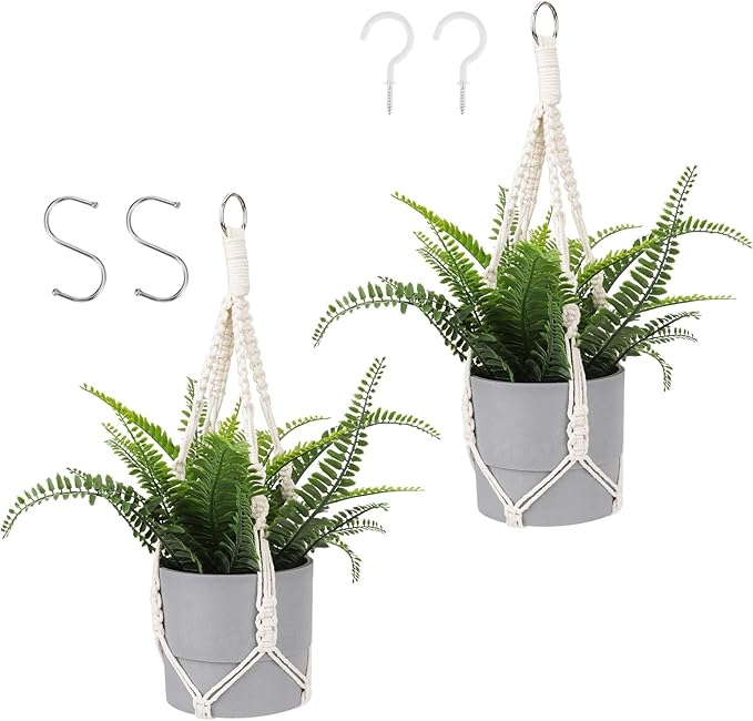 Larrel Macrame Plant Hanger, 2PCS Plant Hangers Indoor Hanging Planter Basket with 2 Hooks Wood Beads Decorative Flower Pot Holder for Indoor Outdoor Boho Home Decor