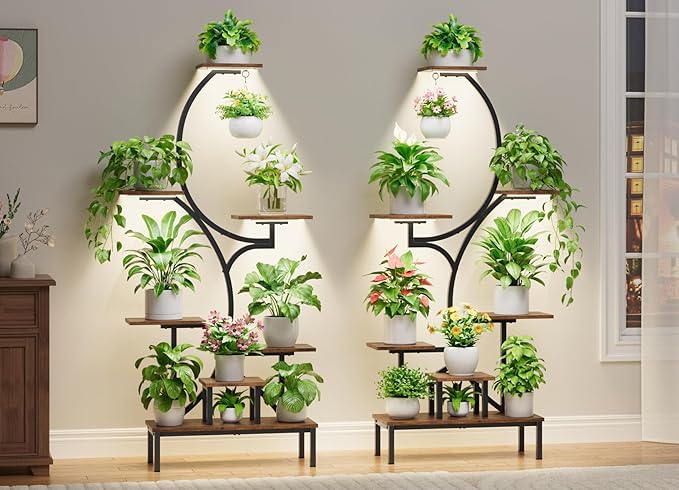 Plant Stand Indoor with Grow Lights - 7-Tier Indoor Plant Shelf with Elevated Base & Hanging Hook, 63" Corner Plants Stands for Multiple Plant Sizes, Multi-Tiered Lighted Rack for Living Room, Black