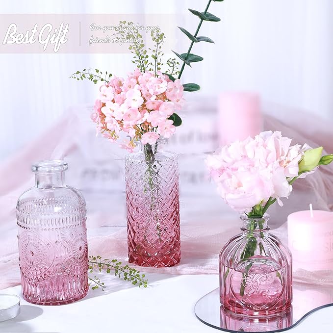 TBWIND Pink Day Glass Bud Vase Set of 5, Small Flower Vases for Centerpieces in Bulk, Mini Vintage Vase for Wedding Decor, Single Flowers, and Home Table Décor