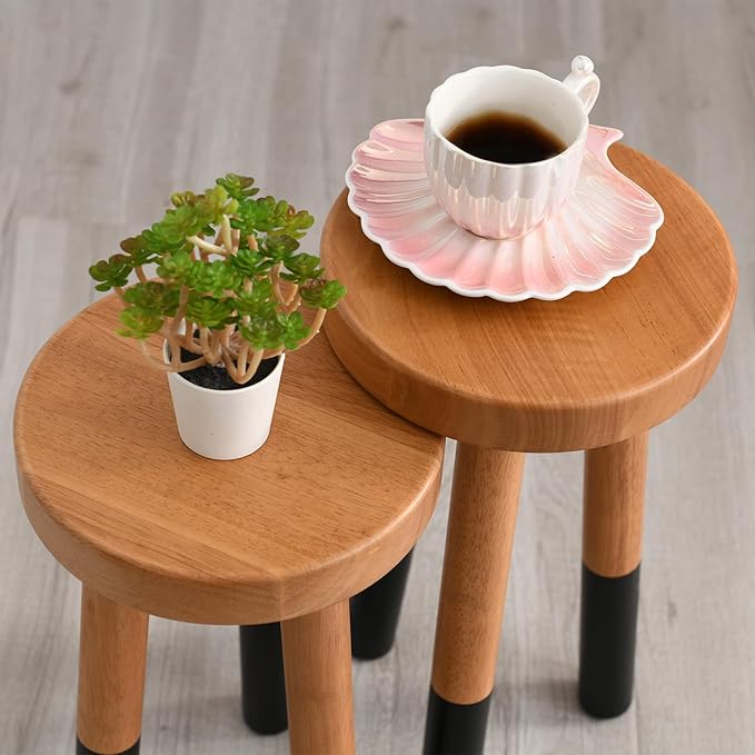 Rubber Wood 9" Round Plant Stand |Dip Dyed Black Accent Stool |Small Drinking Table |Side Table(18" H)