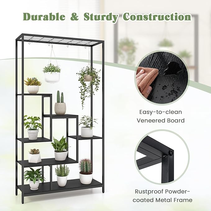 6-Tier Plant Stand Indoor, 70.9" Tall Plant Stand with 10 S Hanging Hooks, Metal Plant Shelf Corner Plant Stands for Indoor Plants, Garden, Balcony, Living Room (Black)