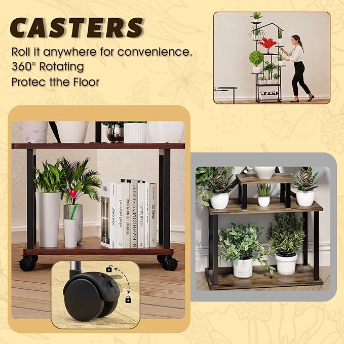 Zelvia 8-Tier Corner Plant Stand with Grow Lights – 65" Tall Metal Indoor Plant Shelf, Multi-Level Display for Plants & Flowers, Ideal for Bedroom Living Room Patio (with Roller)