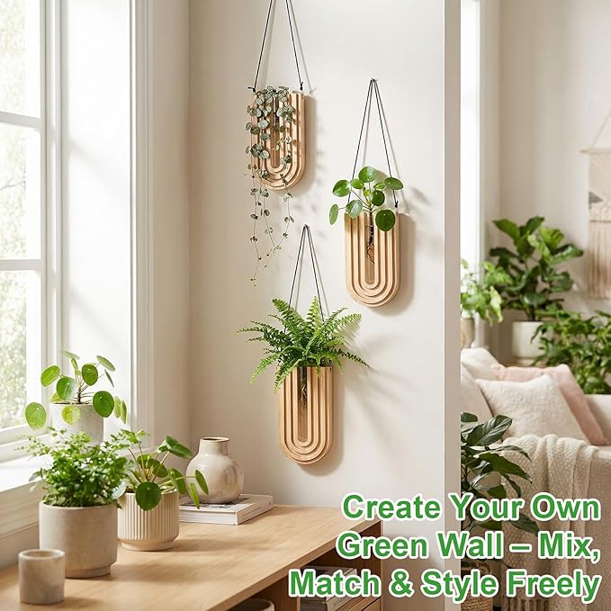 Set of 4 Wooden Wall Planter Vase Hanging Propagation Stations Glass Plant and Flower Vases Wall Plant Holder for Indoor Plants Art Boho Home Room Entryway Hallway Decoration