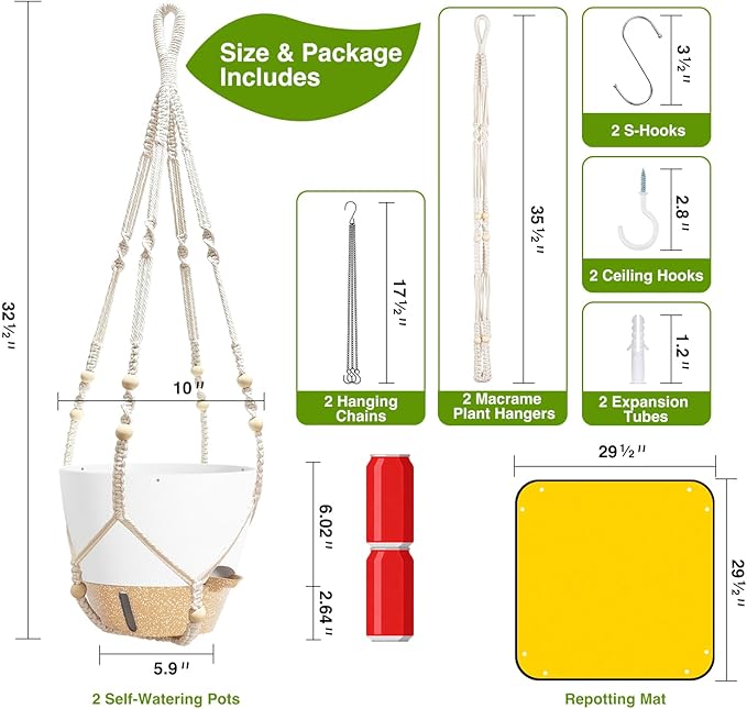 LEWESU Set of 2 Hanging Planters for Indoor Plants with Self Watering Includes Hanging Pots and 2 Types Plant Hangers, Outdoor Hanging Baskets Holder for Home Garden, 10 Inch Oyster White