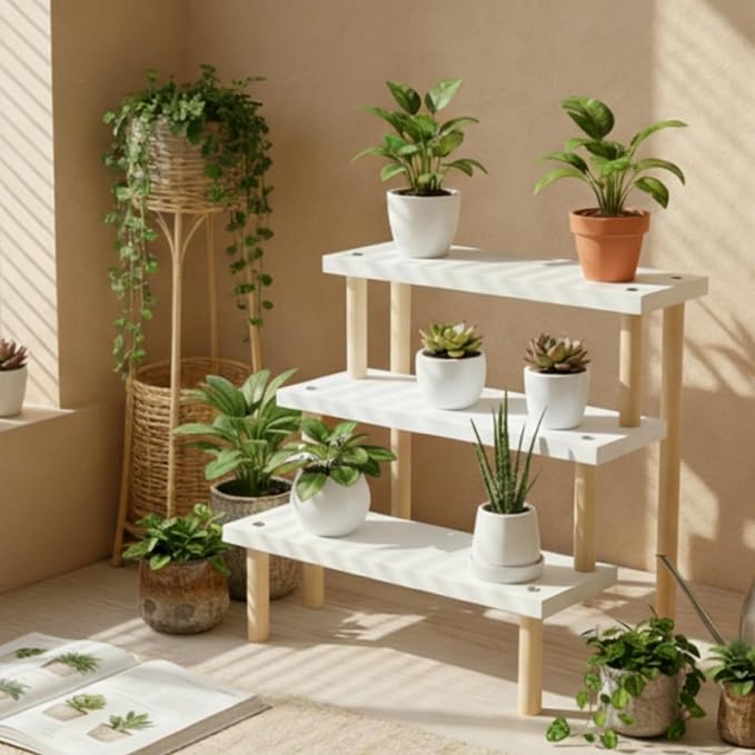 Eorbow 3-Tier Desk Succulent Stand, 14" Windowsill Plant Ladder Shelf, Wooden Multi Tiered Flower Pot Holder, Indoor Plants Display Rack, Desktop Storage Organizer for Cupcake Spices