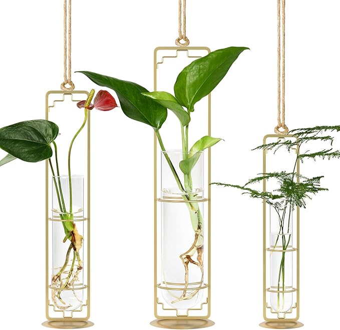 MIPON Metal Hanging Plant Propagation Station,3 Size Glass Test Tube Hydroponic Planter,Boho Wall Hanging Plant Cuttings Holder,Indoor Water Plant Terrarium Tubes for Home Office Window Decor-Gold