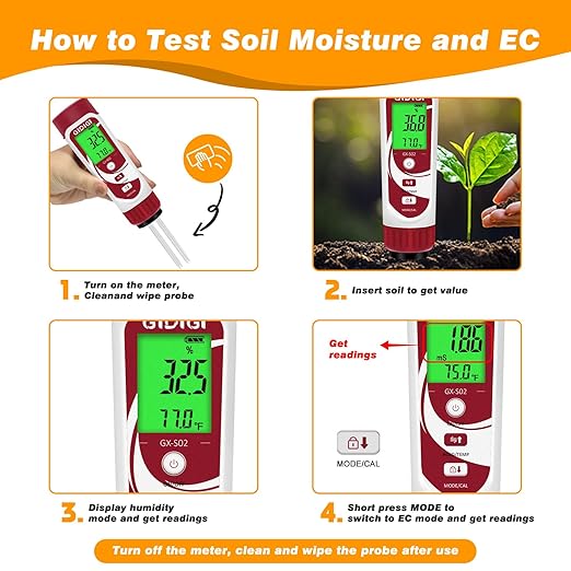 Moisture Meter for Plants, 3 in 1 Digital Soil Moisture Meter，Soil Moisture Meter and Soil EC Meter for Farms, Gardens, Orchards, Home Planting, Indoor Plants, Composting and Other Scenarios