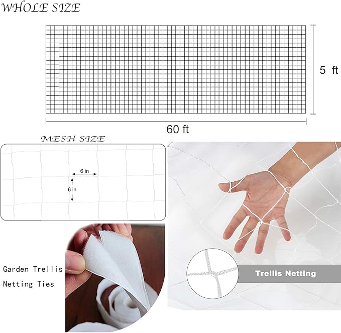 BaseGoal All-Weather Trellis Netting Mesh Plant Garden Vine Growing Flexible String Net (6" Mesh ployester, 5' Wx 60'L)