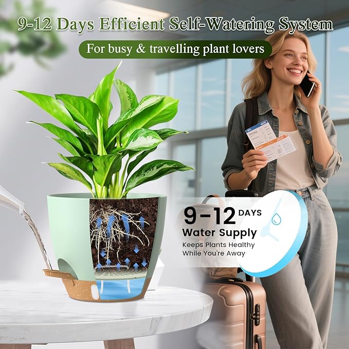 Self Watering Pots with Drainage Holes, 2 Pack 10 Inch Plant Pots with Water Level Indicator Deep Reservoir, Large Plastic Planter for Indoor Outdoor Plants - Green