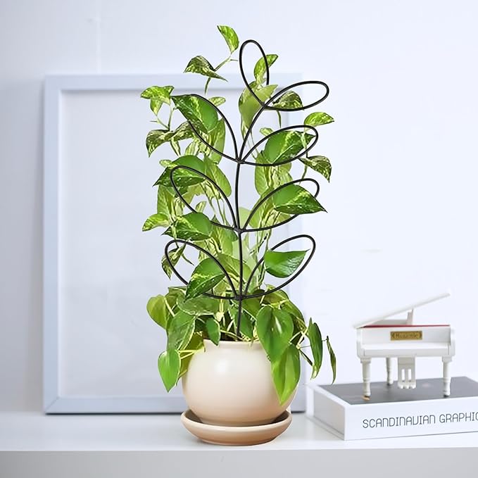 2 Pack 14.6 Inch Plant Trellis Indoor for Climbing Plants with 50 Plant Ties, Small Metal Garden Trellis for Potted Plants, Leaf Shaped Support for Ivy Hoya Pothos Monstera Houseplants