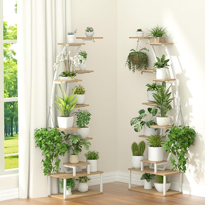 Plant Stand Shelf Indoor with 8 Grow Light, 10 Tiered 65" Tall White Large Half Moon Lighted Plant Rack Holder, 2 Pack Big High Circular Arch Multi Herb Stand with Built in LED Grow Light Set