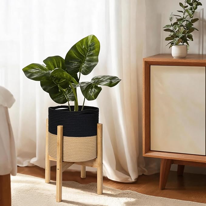 Plant Basket with Stand, Indoor Round Wicker Basket Plant with Bamboo Wood Stand, Decorative Black Woven Cotton Rope Flower Indoor Planter with Legs, Boho Bamboo Wood Planter Holder