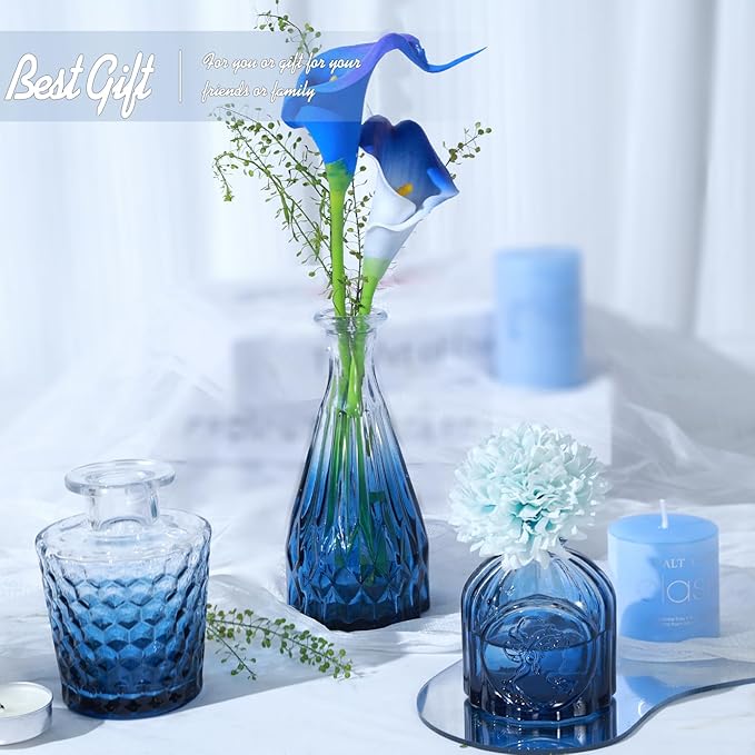 TBWIND Glass Bud Vase Set of 5, Small Blue Flower Vases for Centerpieces in Bulk, Mini Vintage Vase for Wedding Decor, Single Flowers, and Home Table Décor