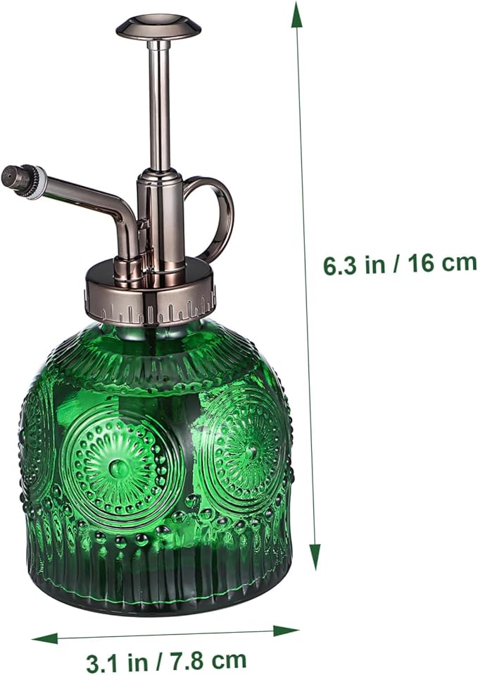 Baluue Embossed Glass Plant Mister Spray Bottle with Thick Non Slip Glass for Indoor Watering and Cleaning Elegant Green and Antique Design Water Sprayer