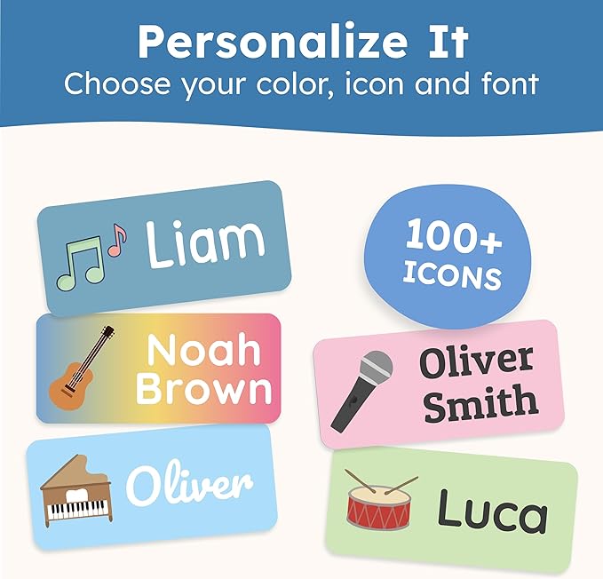 Personalized Name Labels for Kids (140 Labels) - Durable & Waterproof Custom Name Stickers for Clothing Tags, School Supplies, Camp & Daycare - Rhythm (1.2”x0.5”)