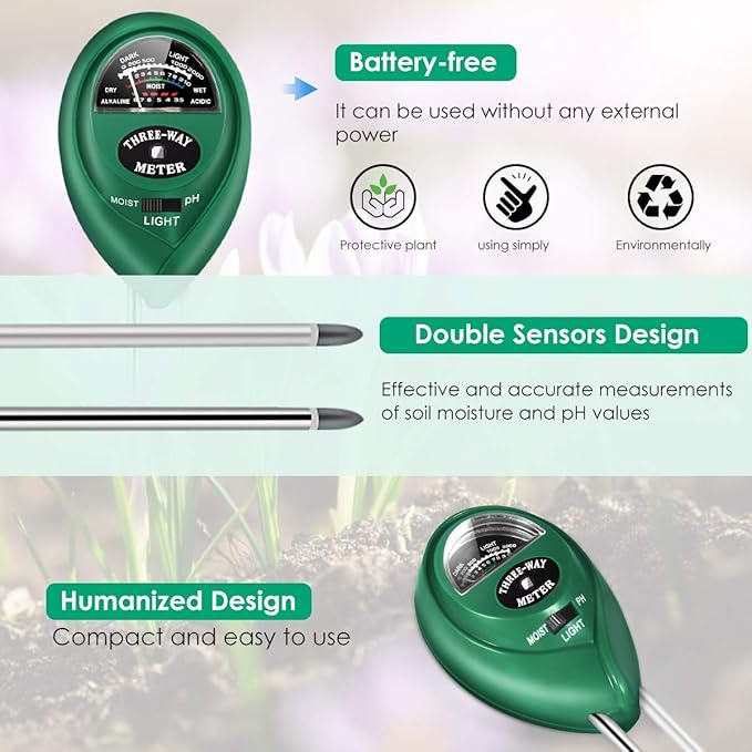 Moisture Meter, Soil PH/Light Tester Plant Soil Test Kit Indoor Outdoor Use, Hygrometer Moisture Sensor Water Meter for Potted Plants Succulents Trees Lawn Farm Garden, No Battery Needed, Easy to Read