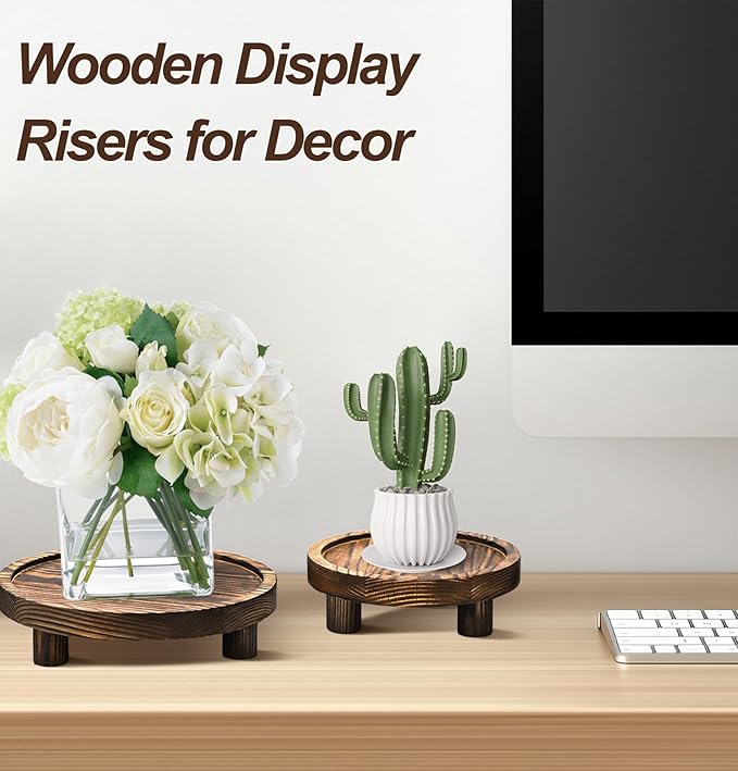 3 Pcs Wooden Risers for Display, Round Wood Riser Plant Stand 5/6/8" Pedestal Stand, Flower Pot Holder Small Planter Tray for Kitchen Home Décor (Brown)