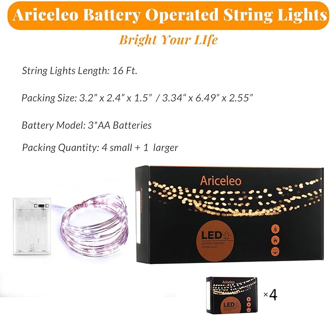 Ariceleo Led Fairy Lights Battery Operated, 4 Packs Mini Battery Powered Copper Wire Starry Fairy Lights for Bedroom, Christmas, Parties, Wedding, Centerpiece, Decoration (5m/16ft Cool White)
