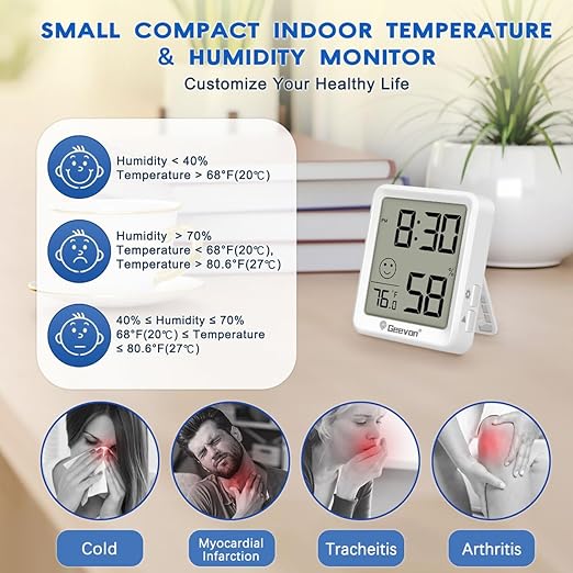 Geevon 2 Pack Mini Digital Hygrometer Gauge Indoor Thermometer with Time Display – LCD Monitor Temperature， Outdoor Humidity Meter for Home House Office Garden and Cellar