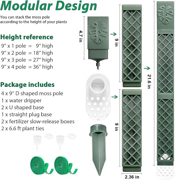 4 Psc 9'' D Shaped Moss Pole with Water dripper,Easy-to-Assemble Moss Pole Monstera Plant Support,Anti-tip Sturdy Moss Poles for Climbing Plants (Green)