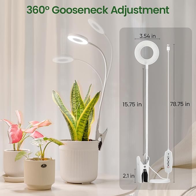 LORDEM Indoor Plant Grow Lights with 6/8/12/16H Auto Timer, 3 Spectrum Modes, Full Spectrum LED, Adjustable Height, for Small Plants, 1 Pack White