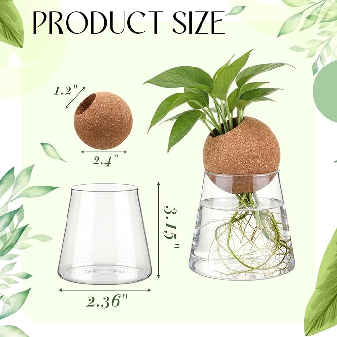 Baderke 3 Pcs Glass Plant Propagation Stations with Spherical Lid Glass Jars Plant Propagation Vases Hydroponic Spherical Cork Planter for Indoor Home Office Desktop Decor(Conical,3.15 Inches)