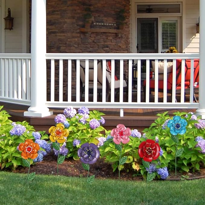 hogardeck Garden Decor for Outside, Set of 6 Metal Flowers Decorative Garden Stakes for Spring Decor, Yard Art Garden Decorations for Outdoor Lawn Porch Pathway Patio (Multi-Color)