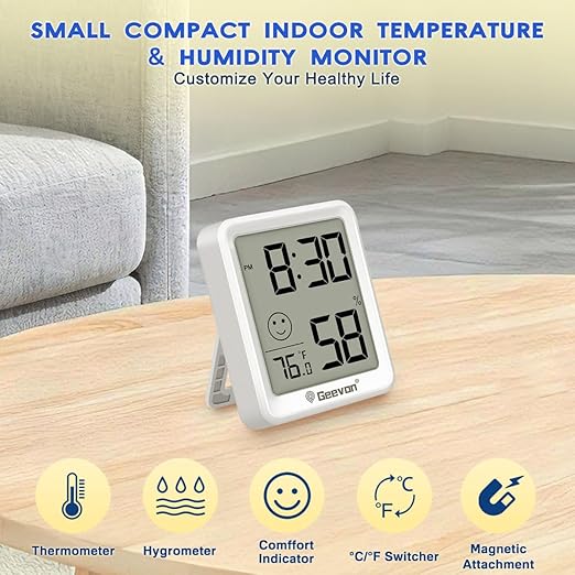 Geevon 4Pack Mini Indoor Thermometer Hygrometer with Comfort Indicator, Room Temperature & Humidity Monitor with Time Display, °C/°F & 12/24H