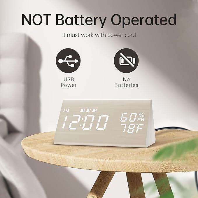 JALL Digital Alarm Clock, with Wooden Electronic LED Time Display, 3 Alarm Settings, Humidity & Temperature Detect, Wood Made Electric Clocks for Bedroom, Bedside (White)