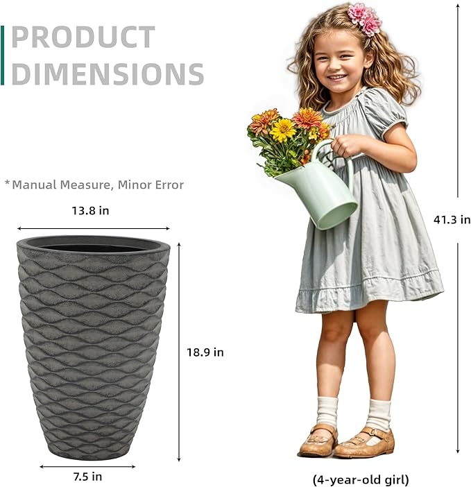 Autodaya 20" Tall Planters Set of 2, High-Density Resin Wavy Outdoor Pots for Plants, Versatile Indoor/Outdoor Flower Pots w/Drainage Holes for Patio, Garden, Porch & Living Room Decor, Ideal Gift